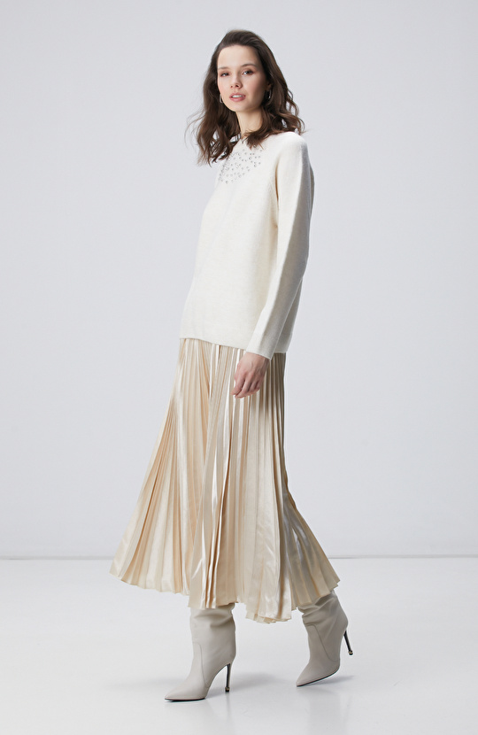 Kırık Beyaz Bisiklet Yaka Taş İşlemeli Kazak