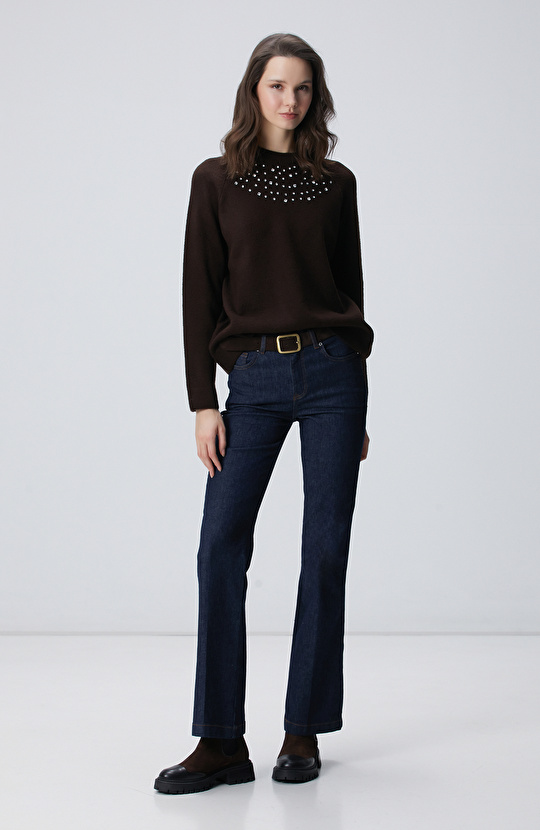 Kahverengi Bisiklet Yaka Taş İşlemeli Kazak