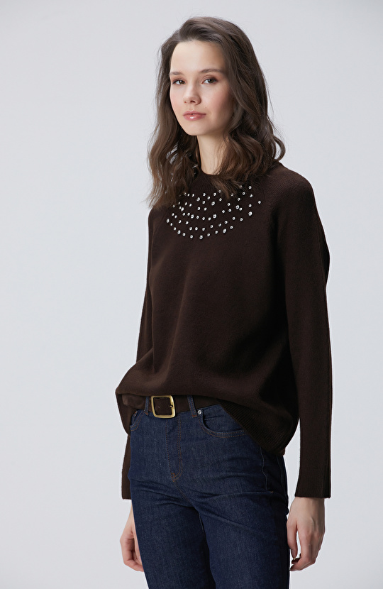 Kahverengi Bisiklet Yaka Taş İşlemeli Kazak