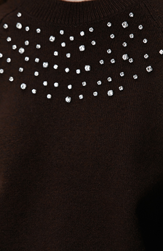 Kahverengi Bisiklet Yaka Taş İşlemeli Kazak