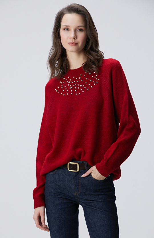 Kırmızı Bisiklet Yaka Taş İşlemeli Kazak