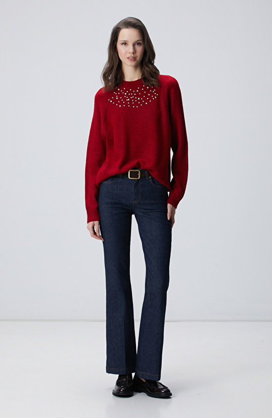 Kırmızı Bisiklet Yaka Taş İşlemeli Kazak