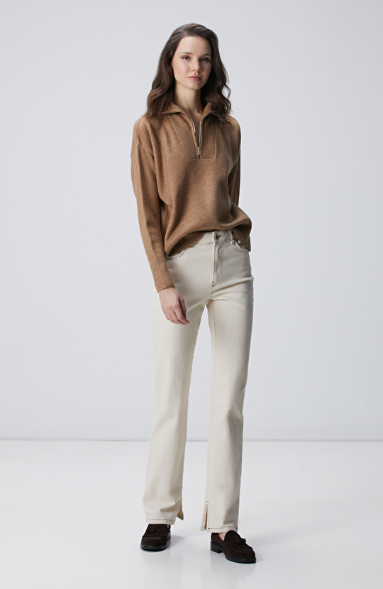 Camel Dik Yaka Fermuarlı Uzun Kol Kazak