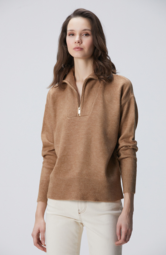 Camel Dik Yaka Fermuarlı Uzun Kol Kazak