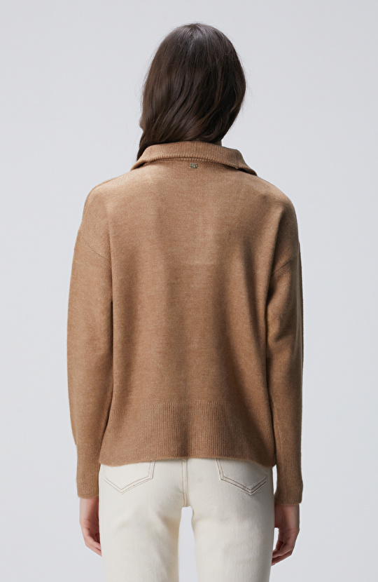 Camel Dik Yaka Fermuarlı Uzun Kol Kazak