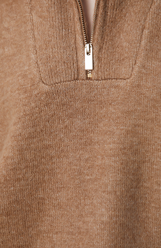 Camel Dik Yaka Fermuarlı Uzun Kol Kazak