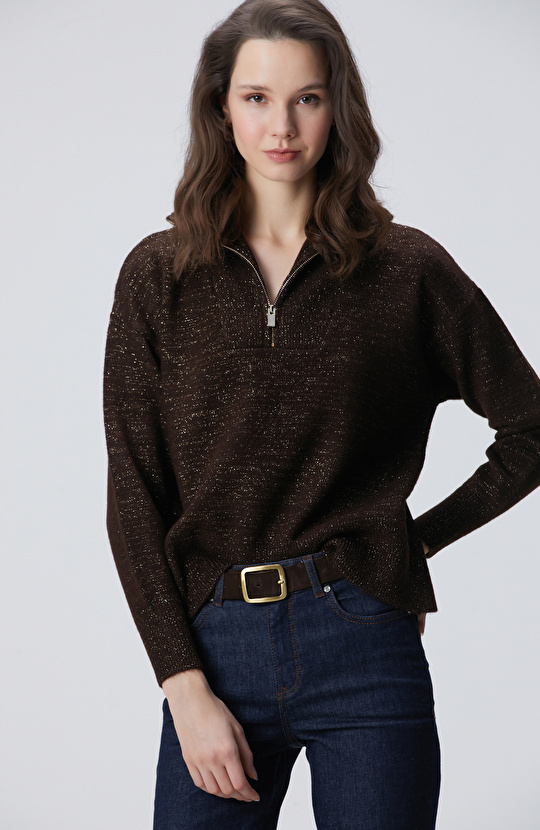 Kahverengi Dik Yaka Fermuarlı Simli İp Kazak