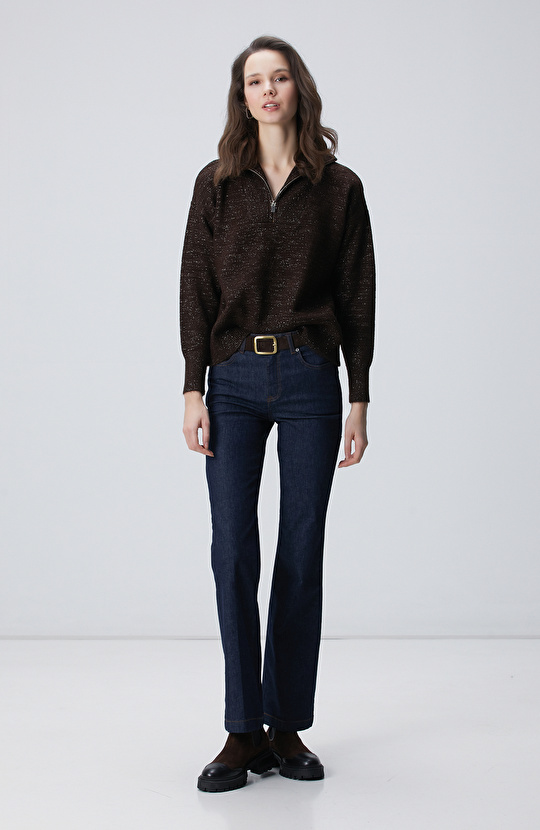 Kahverengi Dik Yaka Fermuarlı Simli İp Kazak