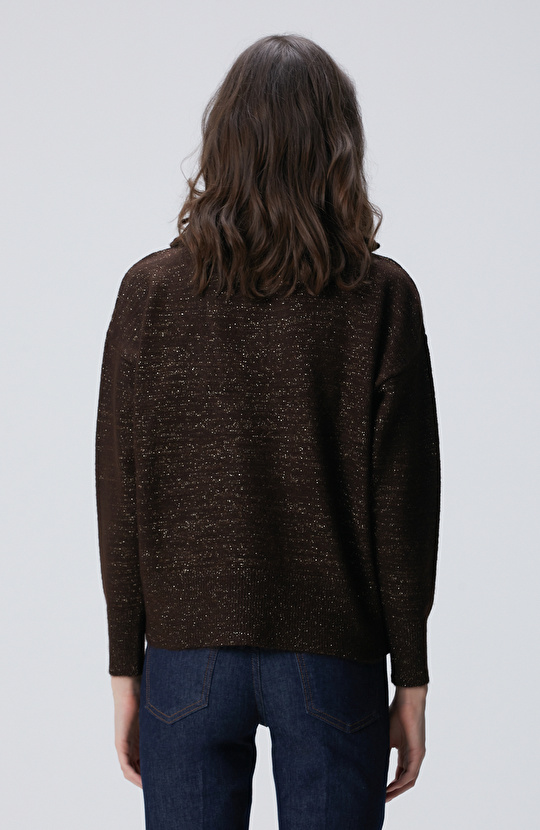 Kahverengi Dik Yaka Fermuarlı Simli İp Kazak