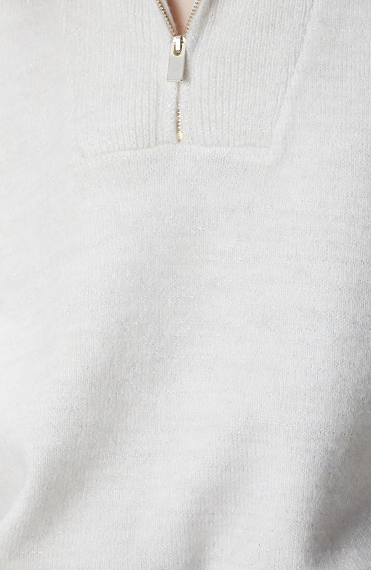 Kırık Beyaz Dik Yaka Fermuarlı Simli İp Kazak