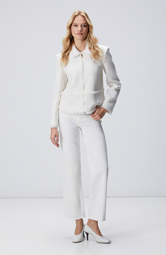 Kırık Beyaz Fermuarlı Püskül Detaylı Tweed Ceket