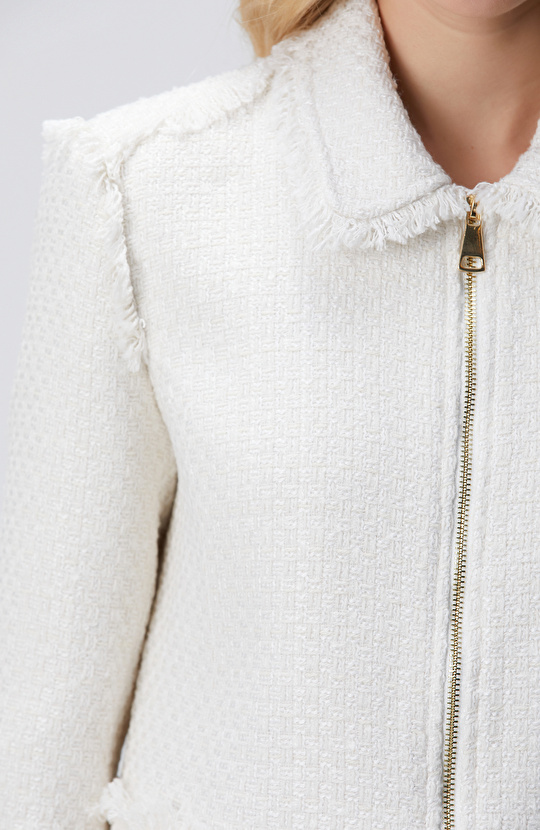 Kırık Beyaz Fermuarlı Püskül Detaylı Tweed Ceket