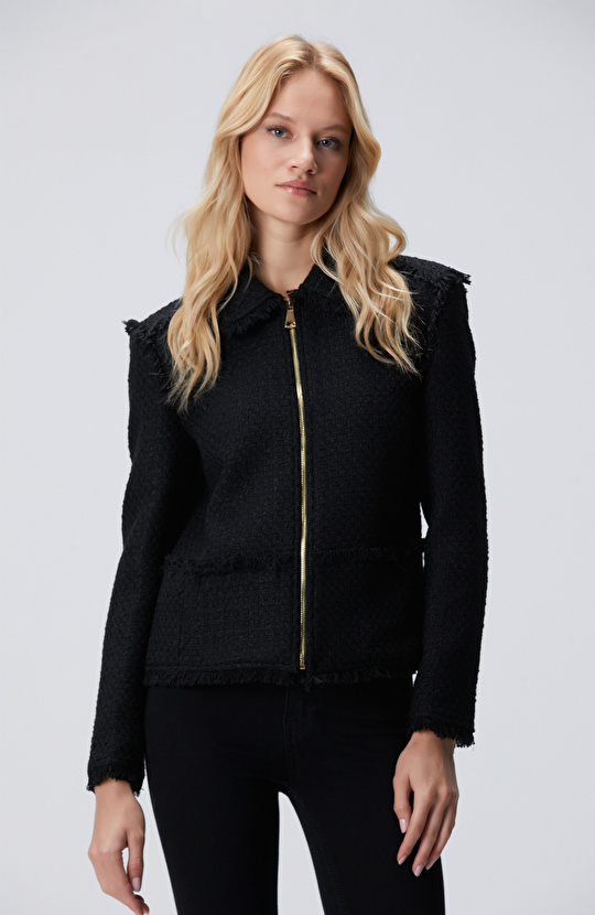 Siyah Fermuarlı Püskül Detaylı Tweed Ceket