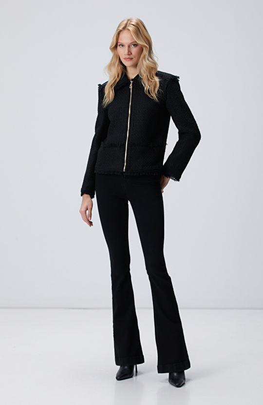 Siyah Fermuarlı Püskül Detaylı Tweed Ceket