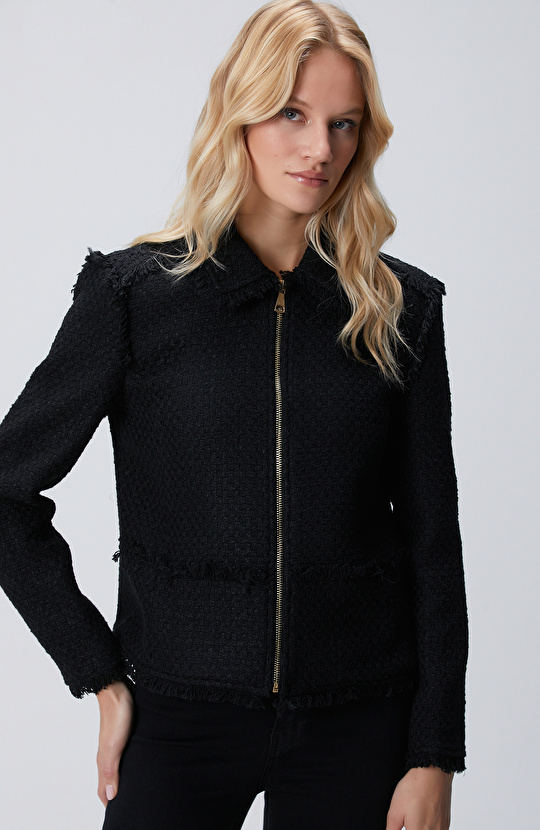 Siyah Fermuarlı Püskül Detaylı Tweed Ceket