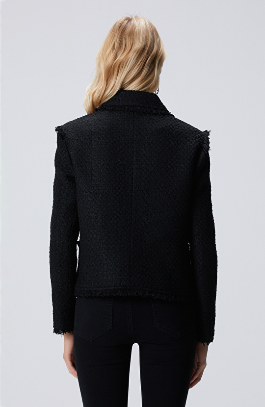 Siyah Fermuarlı Püskül Detaylı Tweed Ceket