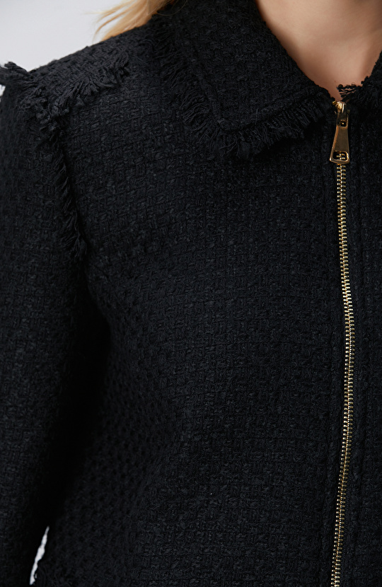 Siyah Fermuarlı Püskül Detaylı Tweed Ceket