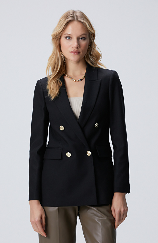 Siyah N Logolu Metal Düğmeli Kruvaze Ceket