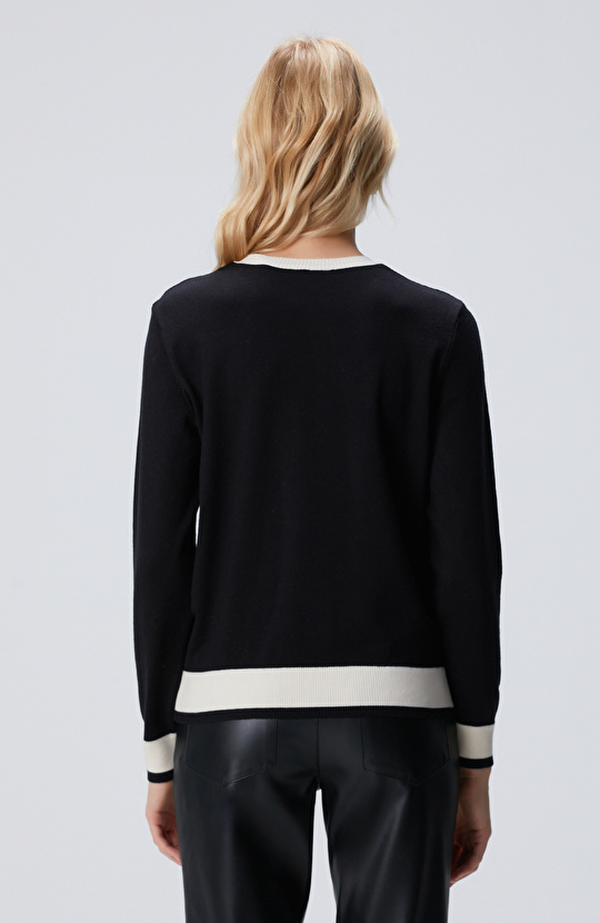 Siyah Bisiklet Yaka Kontrast Renk Kazak