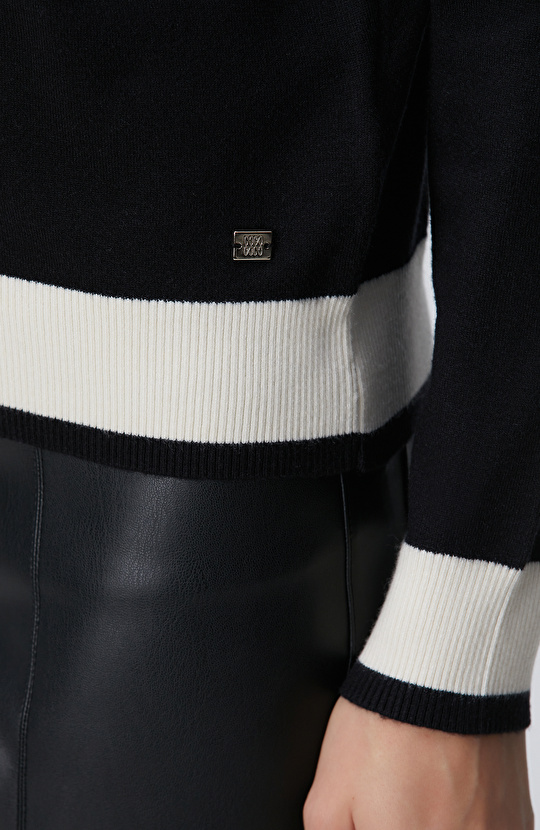 Siyah Bisiklet Yaka Kontrast Renk Kazak