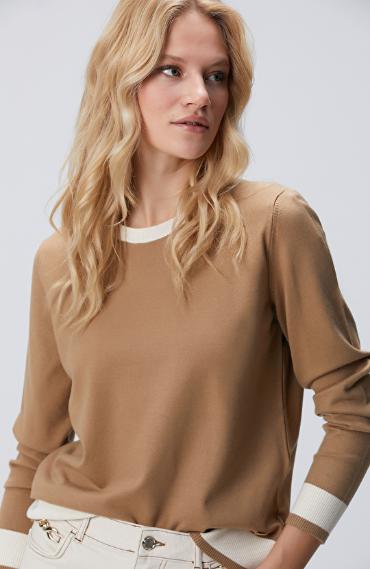 Camel Bisiklet Yaka Kontrast Renk Kazak