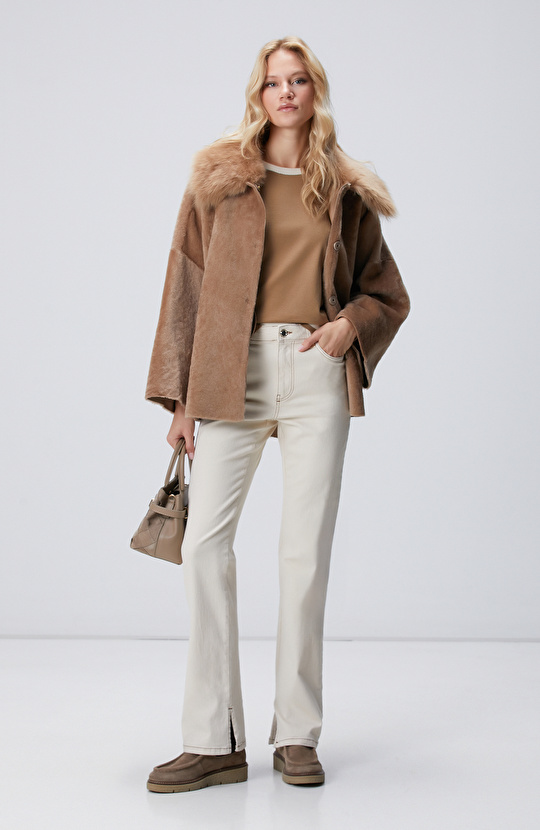 Camel Bisiklet Yaka Kontrast Renk Kazak