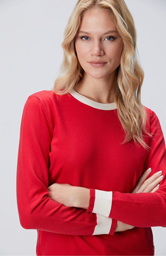 Kırmızı Bisiklet Yaka Kontrast Renk Kazak