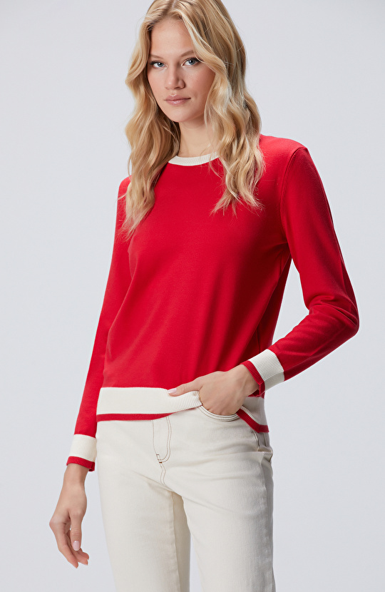 Kırmızı Bisiklet Yaka Kontrast Renk Kazak