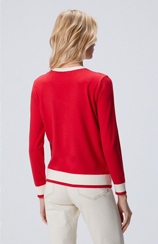 Kırmızı Bisiklet Yaka Kontrast Renk Kazak