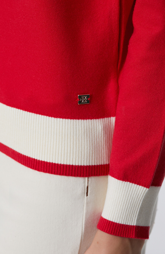 Kırmızı Bisiklet Yaka Kontrast Renk Kazak