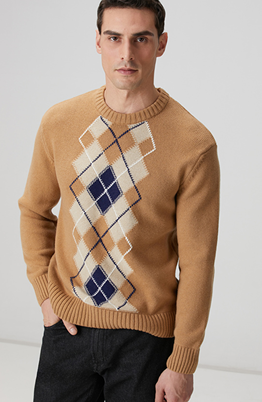 Camel Baklava Desenli Yün Karışımlı Kazak