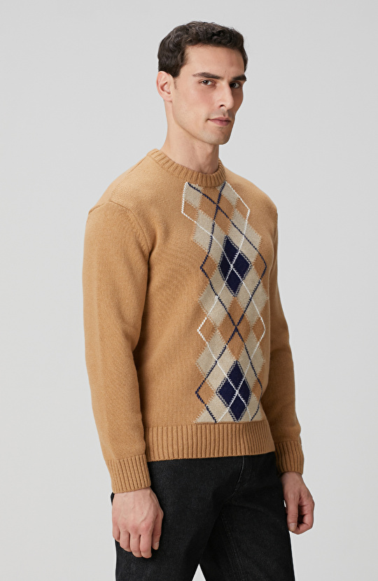 Camel Baklava Desenli Yün Karışımlı Kazak