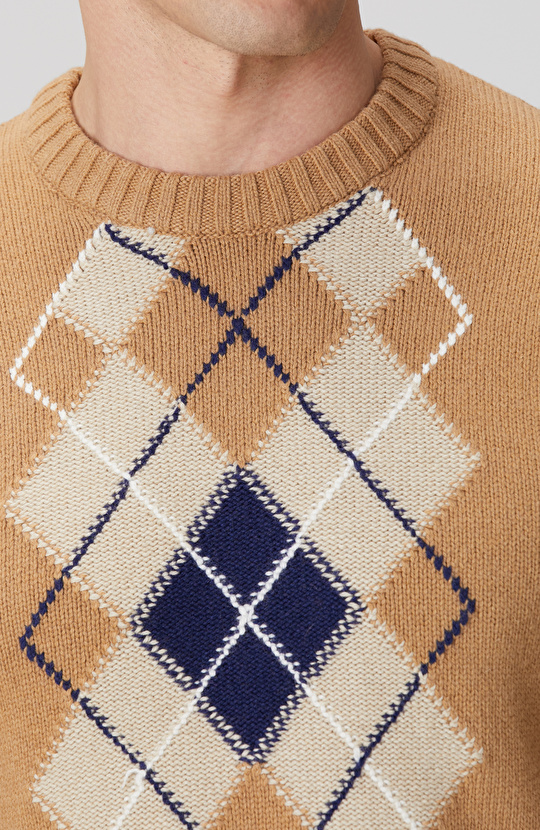 Camel Baklava Desenli Yün Karışımlı Kazak