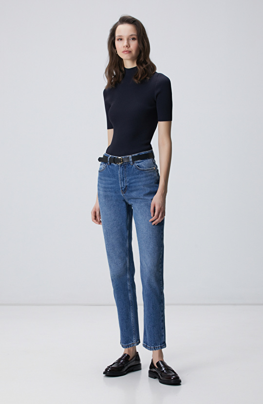 Lacivert Örgülü Dik Yaka Rayon Basic Kazak