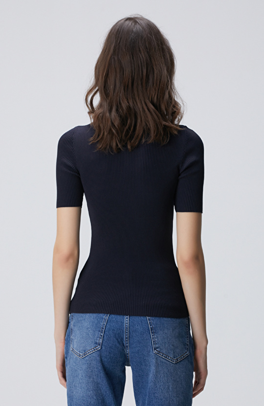 Lacivert Örgülü Dik Yaka Rayon Basic Kazak