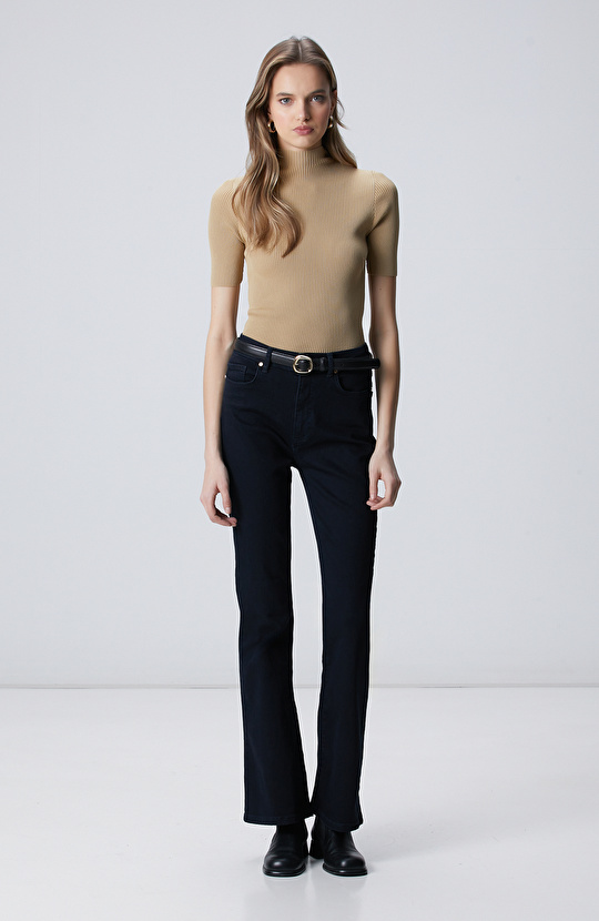 Camel İnce Ribana Örgü Dik Yaka Rayon Yarım Kol Basic Kazak