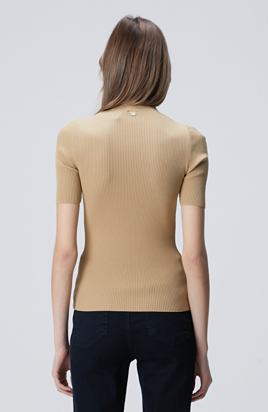 Camel İnce Ribana Örgü Dik Yaka Rayon Yarım Kol Basic Kazak