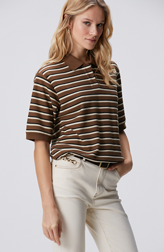 Kahverengi Çizgili Pike Sweatshirt
