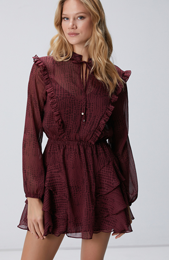Bordo Desenli Mini Elbise