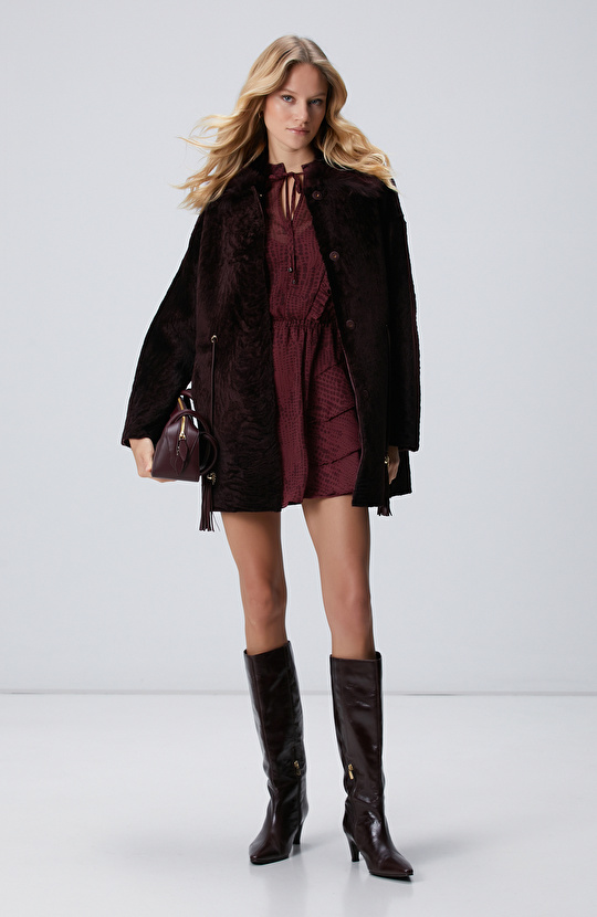 Bordo Desenli Mini Elbise