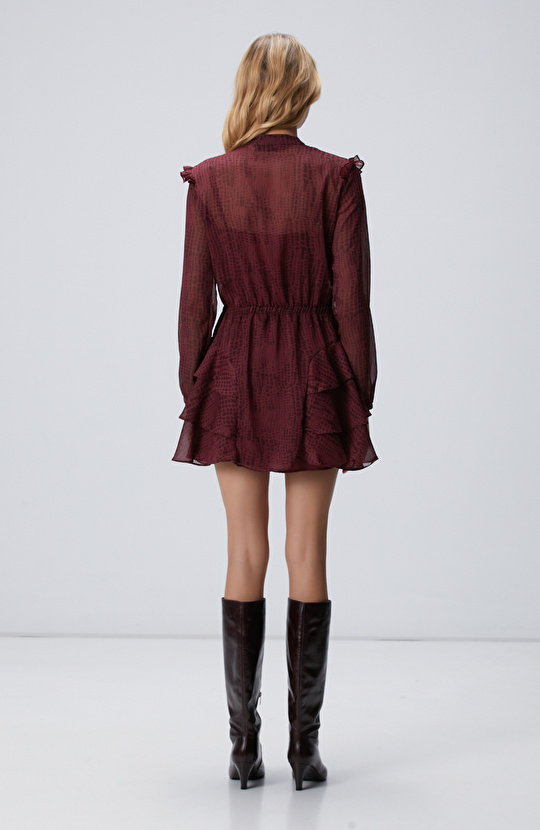 Bordo Desenli Mini Elbise