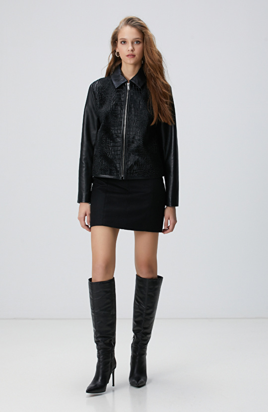 Limited Siyah Kroko Desenli Deri Mont