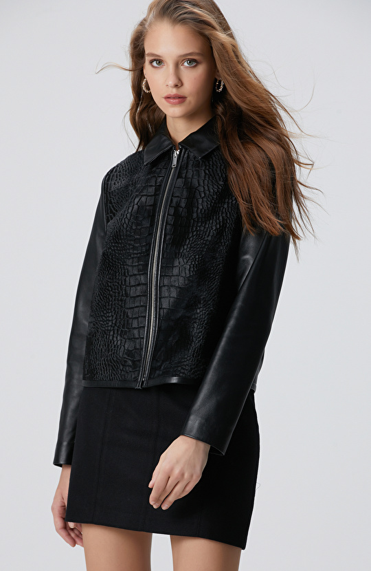 Limited Siyah Kroko Desenli Deri Mont