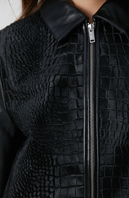 Limited Siyah Kroko Desenli Deri Mont