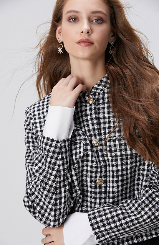 Siyah Beyaz Kazayağı Desenli Ceket