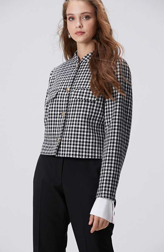 Siyah Beyaz Kazayağı Desenli Ceket