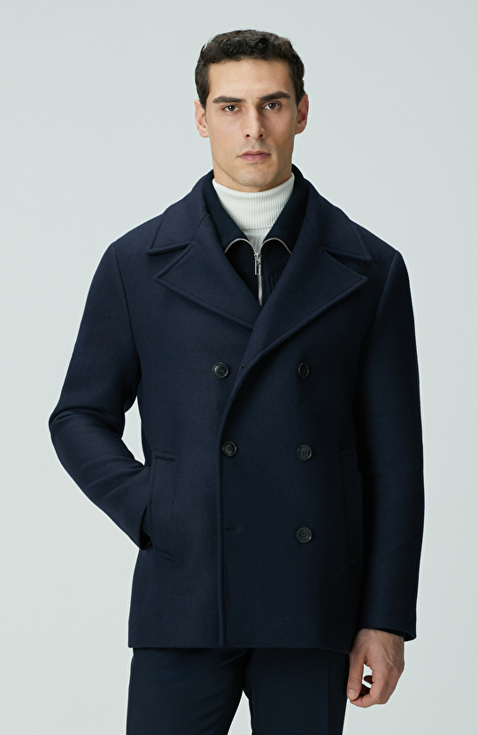 Lacivert Kruvaze Yaka Diyagonal Kaban