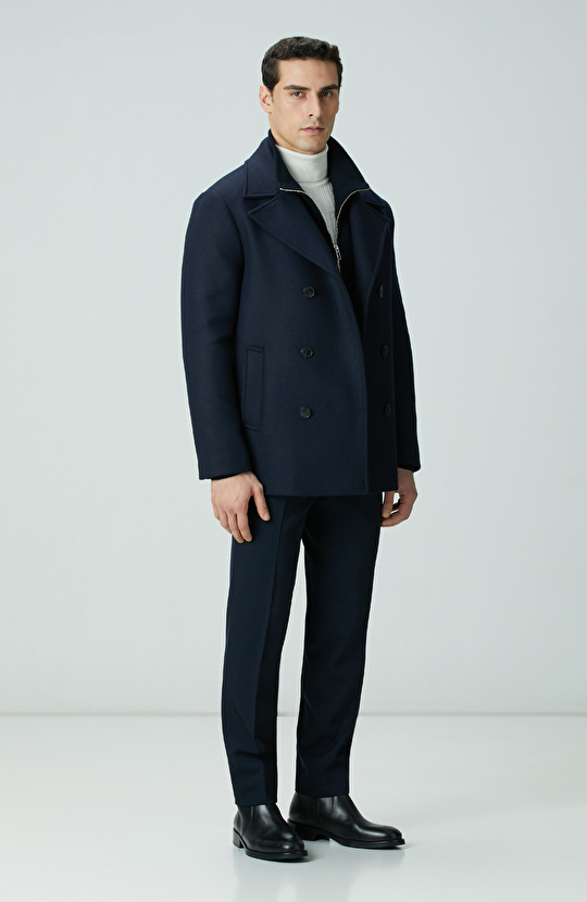 Lacivert Kruvaze Yaka Diyagonal Kaban