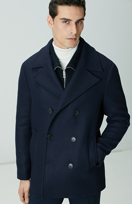 Lacivert Kruvaze Yaka Diyagonal Kaban