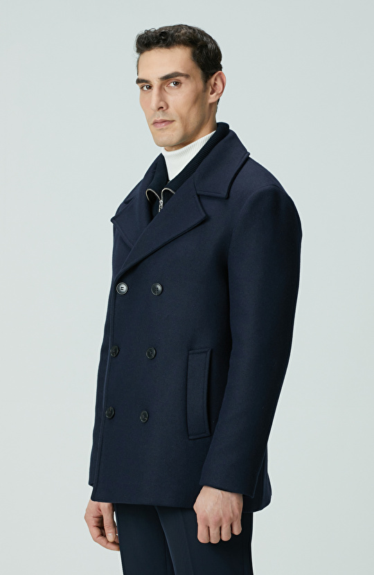 Lacivert Kruvaze Yaka Diyagonal Kaban